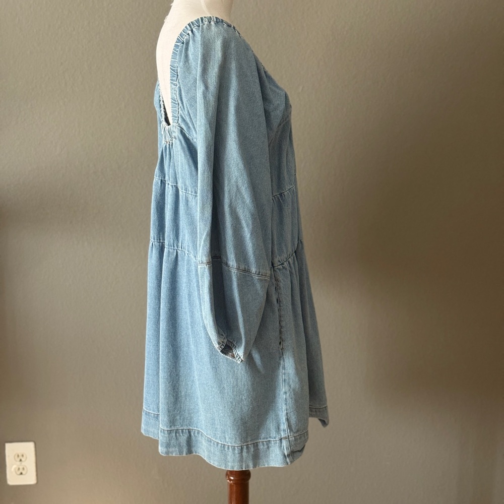 Free People Blue Jean Babydoll denim mini dress Sz XL Fall western boho chic - Picture 8 of 11